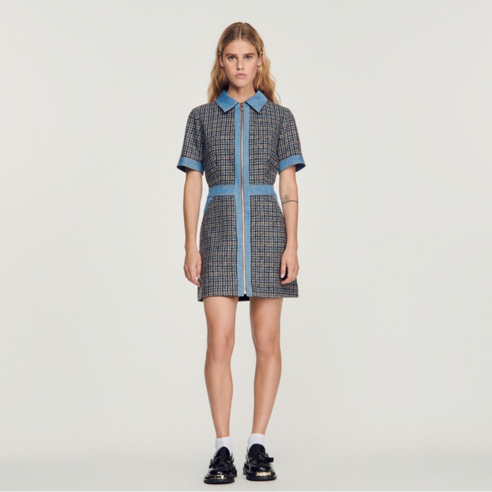BNWT Sandro Denim and Tweed Checked Zipper Dress
